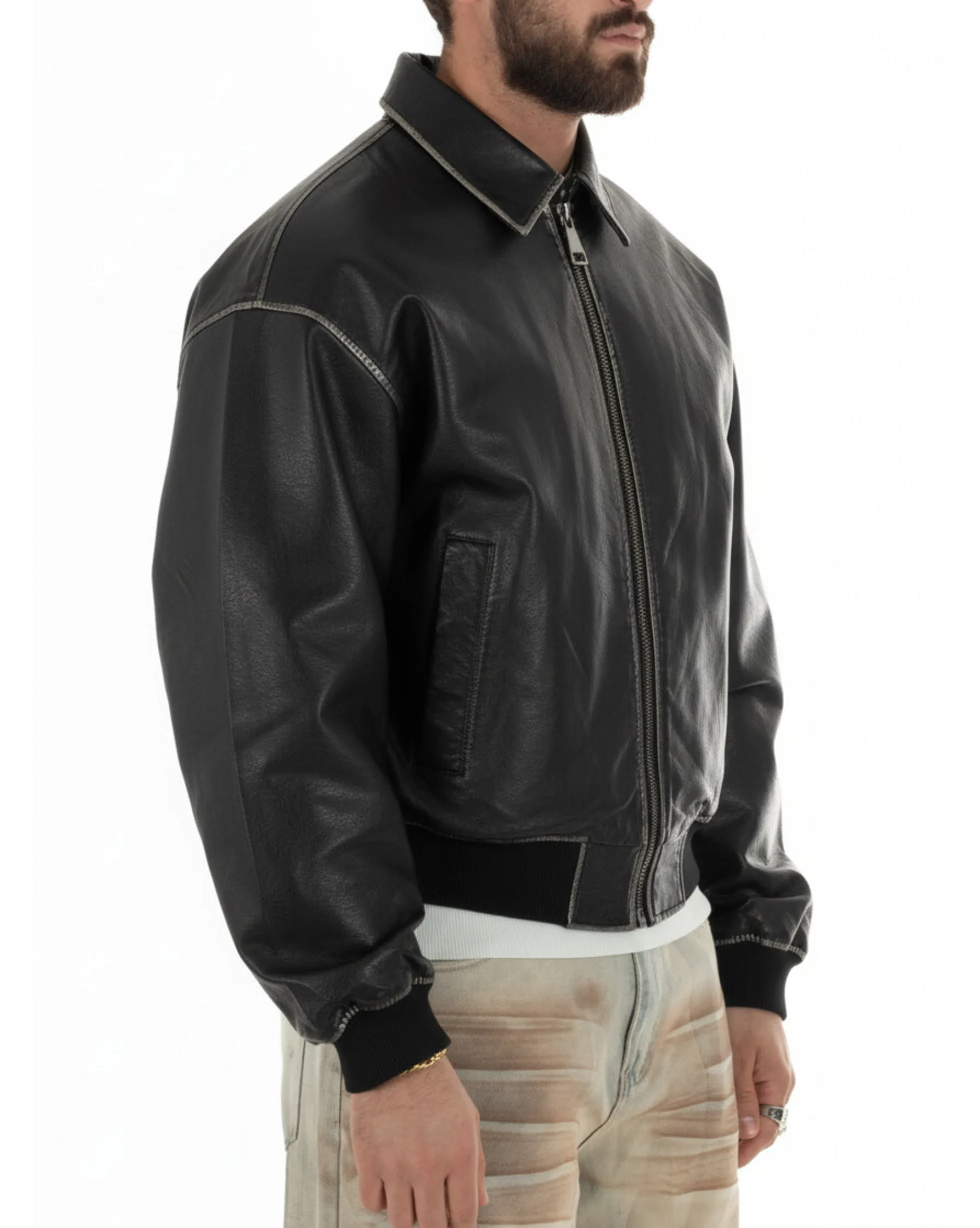 Giubbotto uomo crop giacca bomber boxy zip colletto ecopelle nero GIOSAL-G3386A