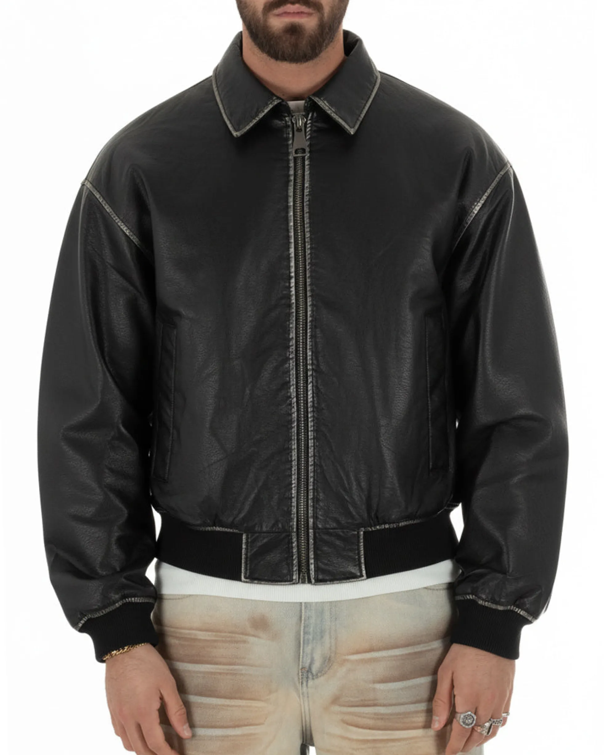 Giubbotto uomo crop giacca bomber boxy zip colletto ecopelle nero GIOSAL-G3386A