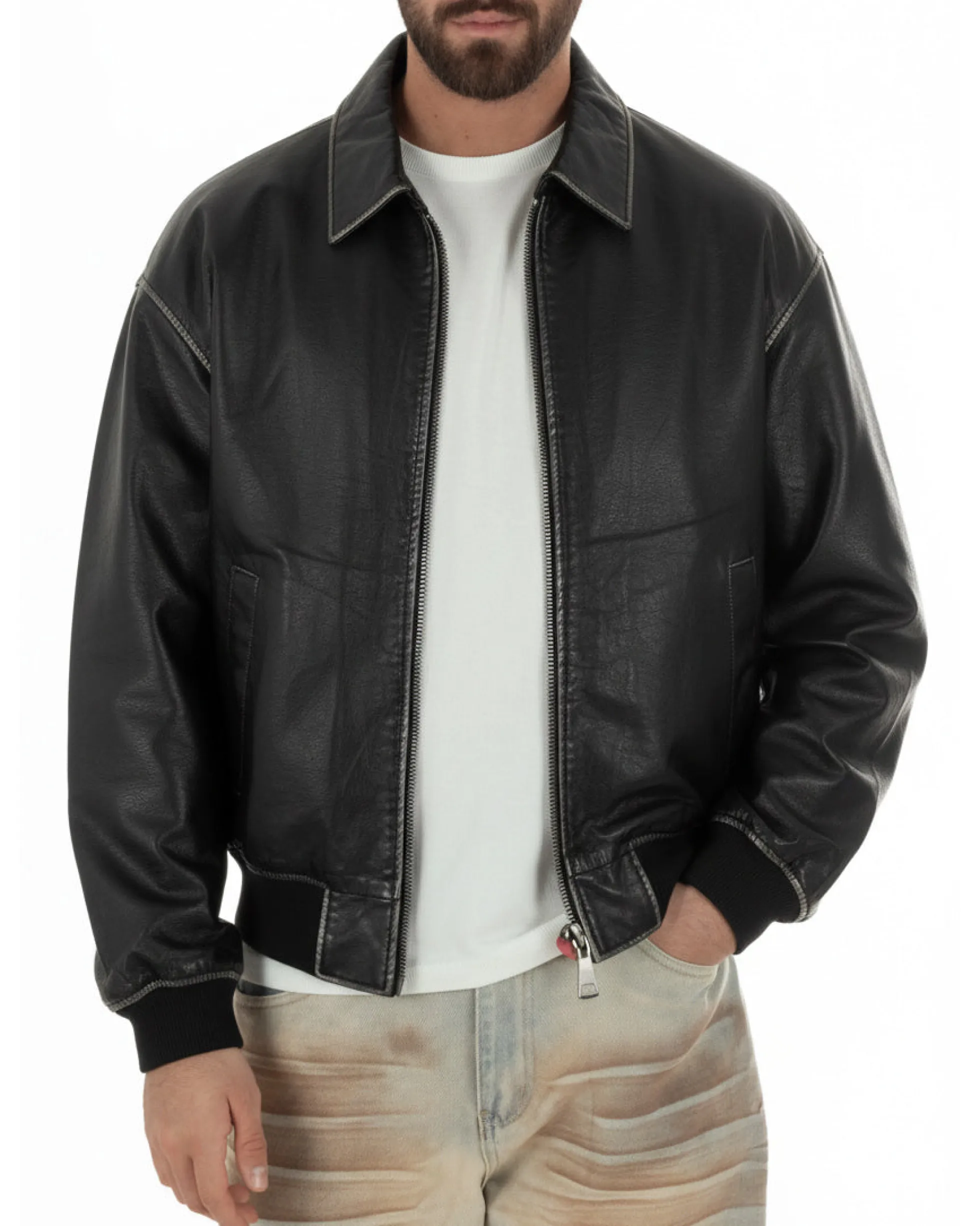 Giubbotto uomo crop giacca bomber boxy zip colletto ecopelle nero GIOSAL-G3386A