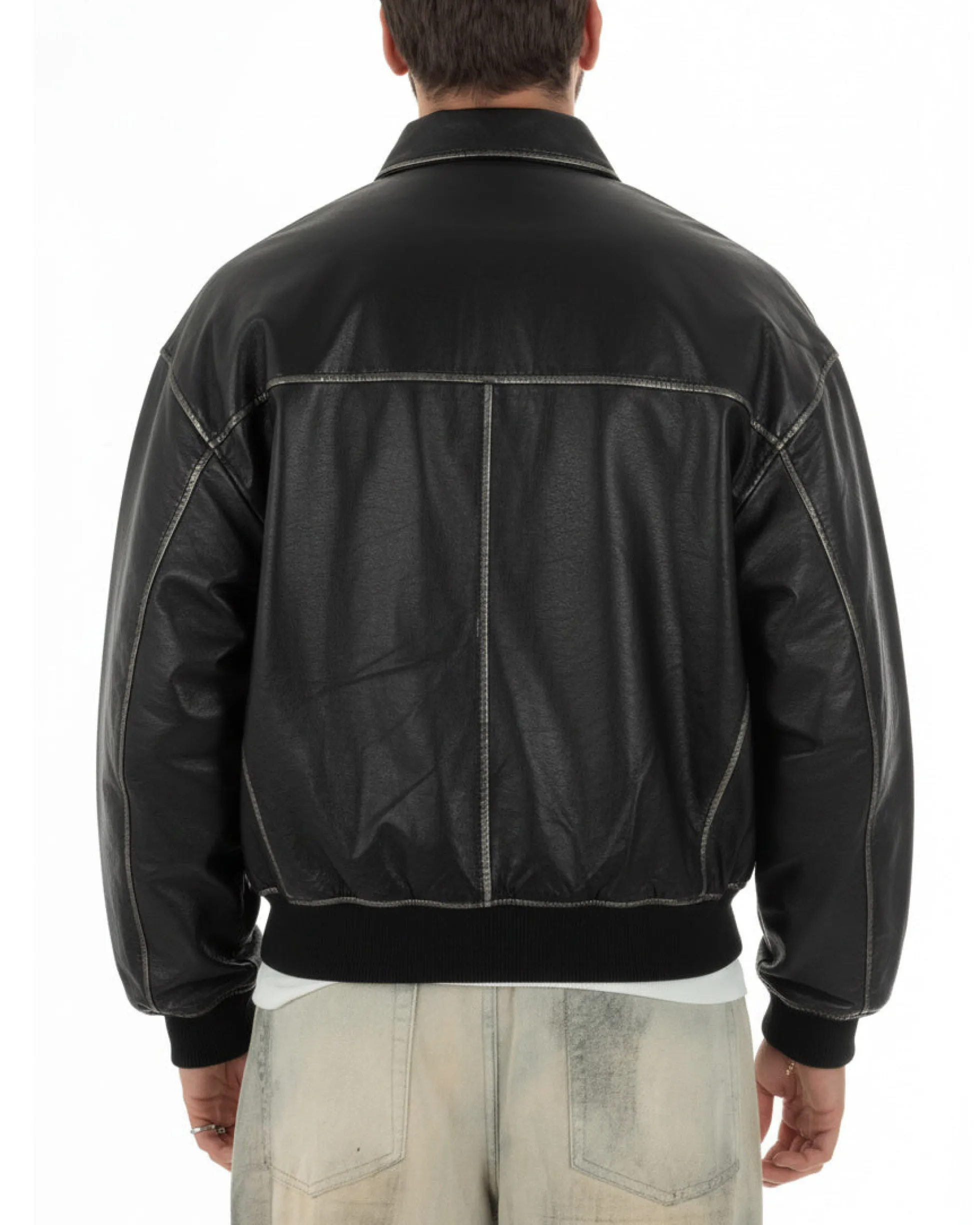 Giubbotto uomo crop giacca bomber boxy zip colletto ecopelle nero GIOSAL-G3386A