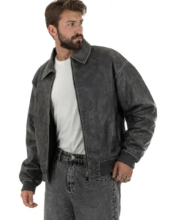 Giubbotto uomo crop giacca bomber boxy zip colletto ecopelle grigio GIOSAL-G3387A