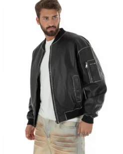Giubbotto uomo crop giacca bomber boxy zip college ecopelle nero GIOSAL-G3388A