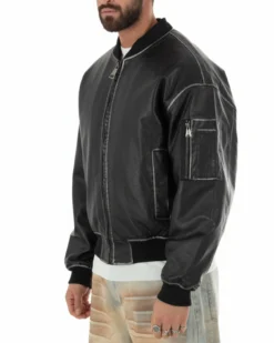 Giubbotto uomo crop giacca bomber boxy zip college ecopelle nero GIOSAL-G3388A