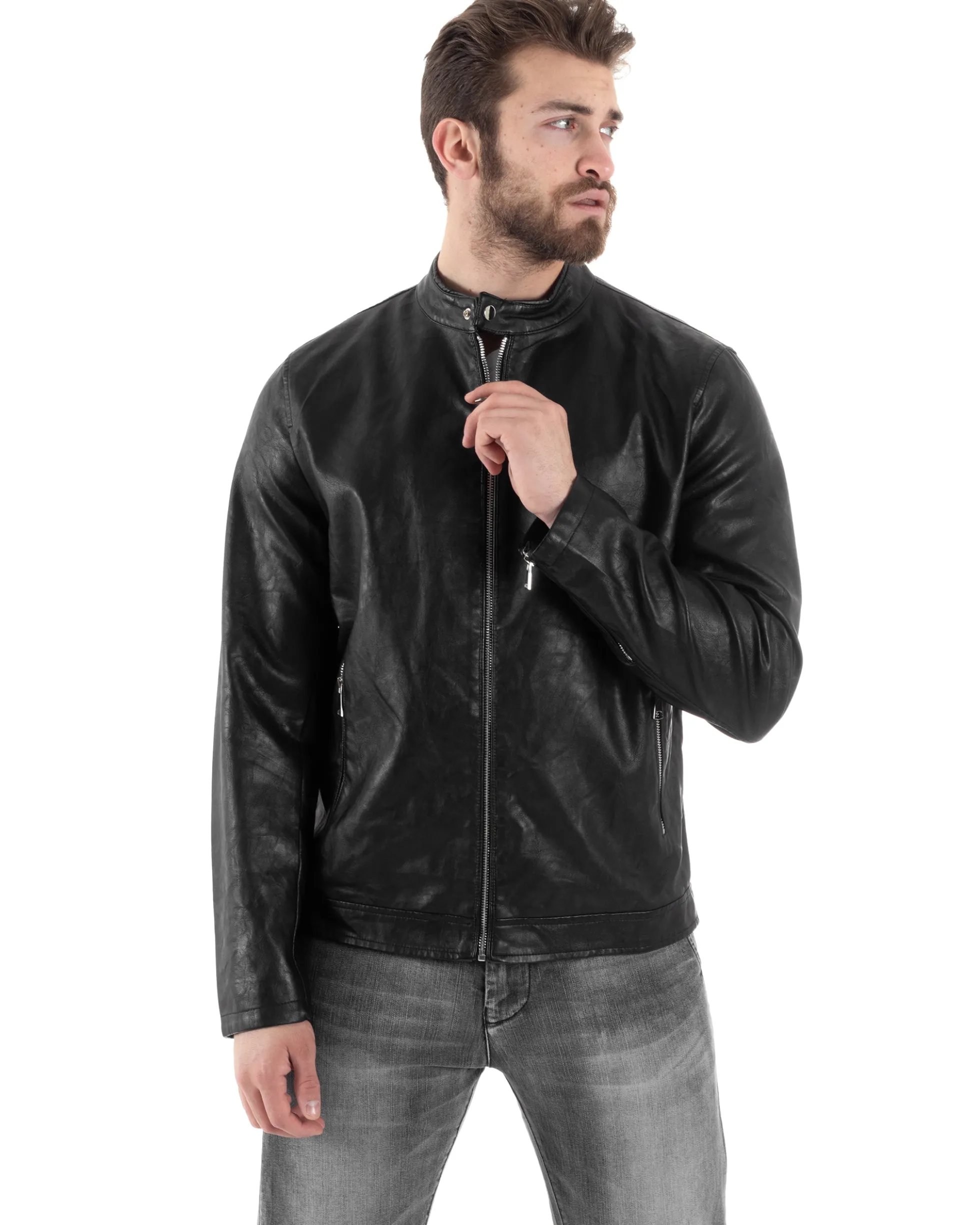 Giubbotto Uomo Ecopelle Con Collo Coreano Tinta Unita Nero Casual GIOSAL-G3157A
