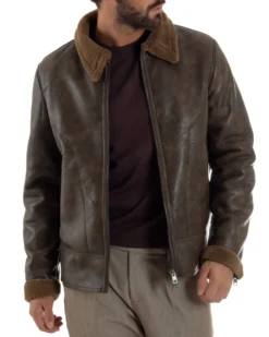 Giubbotto Uomo Ecopelle Montone College Pelliccia Casual Marrone G3360A