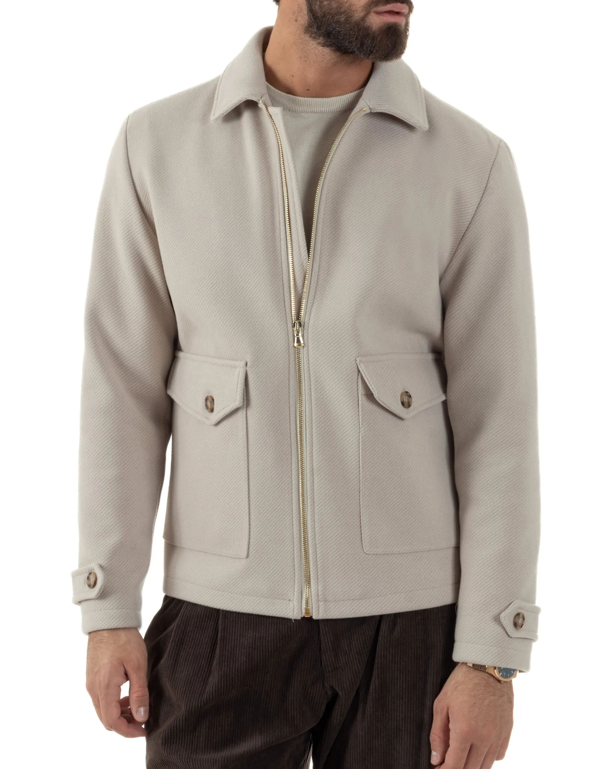 Giubbotto Uomo Giacca Bomber Panno Spigato Zip Colletto Beige BlackSunday G3379A