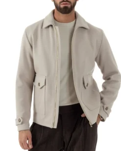 Giubbotto Uomo Giacca Bomber Panno Spigato Zip Colletto Beige BlackSunday G3379A
