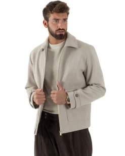 Giubbotto Uomo Giacca Bomber Panno Spigato Zip Colletto Beige BlackSunday G3379A