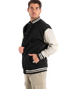 Giubbotto Uomo Giacca College Varsity Ecopelle Bicolore Nero Beige GIOSAL-G2890A