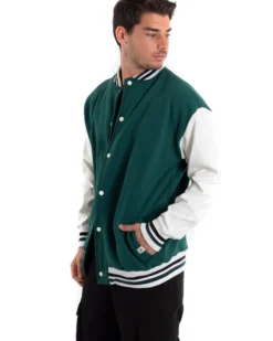 Giubbotto Uomo Giacca College Varsity Ecopelle Bicolore Verde Bianco GIOSAL-G2888A