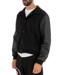 Giubbotto Uomo Giacca In Tessuto Panno Con Colletto Nero Ecopelle GIOSAL-G2746A
