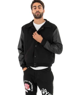 Giubbotto Uomo Giacca In Tessuto Panno Con Colletto Nero Ecopelle GIOSAL-G2746A