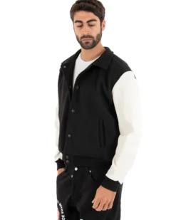 Giubbotto Uomo Giacca In Tessuto Panno Con Colletto Bicolore Nero Panna GIOSAL-G2745A