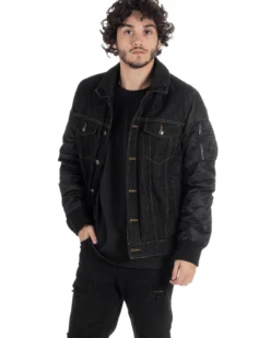 Giubbotto Uomo Jeans Denim Nero Lucido Bomber Con Colletto Pelliccia GIOSAL-G3116A