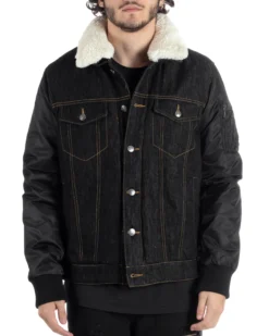 Giubbotto Uomo Jeans Denim Nero Lucido Bomber Con Colletto Pelliccia GIOSAL-G3116A