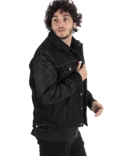 Giubbotto Uomo Jeans Denim Nero Lucido Bomber Con Colletto Pelliccia GIOSAL-G3116A