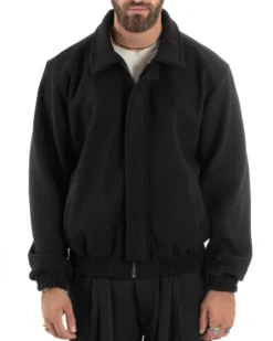 Giubbotto Uomo Panno Caldo Bomber Con Colletto Giacca Con Zip Tinta Unita Nero GIOSAL-G3248A