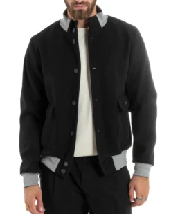 Giubbotto Uomo Tessuto Cappotto Bomber College In Panno Comodo Bicolore Giacca Calda Con Tasconi Casual Nero GIOSAL-G3245A