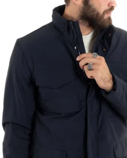 Giubbotto Uomo Tessuto Tecnico Sahariana Tasche E Zip Giacca Imbottita Impermeabile Blu GIOSAL-G3250A