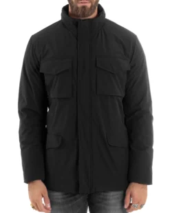 Giubbotto Uomo Tessuto Tecnico Sahariana Tasche E Zip Giacca Imbottita Impermeabile Nero GIOSAL-G3252A
