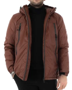 Giubbotto Uomo Tinta Unita Marrone Giacca Cappuccio Casual Zip GIOSAL-G2787A