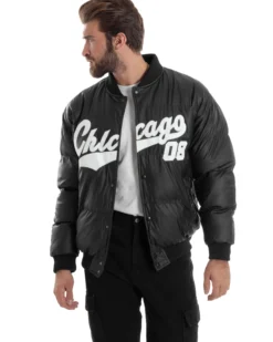 Giubbotto Uomo Varsity Imbottito Bomber College Caldo Giacca Con Patch Relaxed Fit Tessuto Tecnico Tinta Unita Nero GIOSAL-G3253A