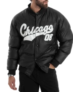Giubbotto Uomo Varsity Imbottito Bomber College Caldo Giacca Con Patch Relaxed Fit Tessuto Tecnico Tinta Unita Nero GIOSAL-G3253A