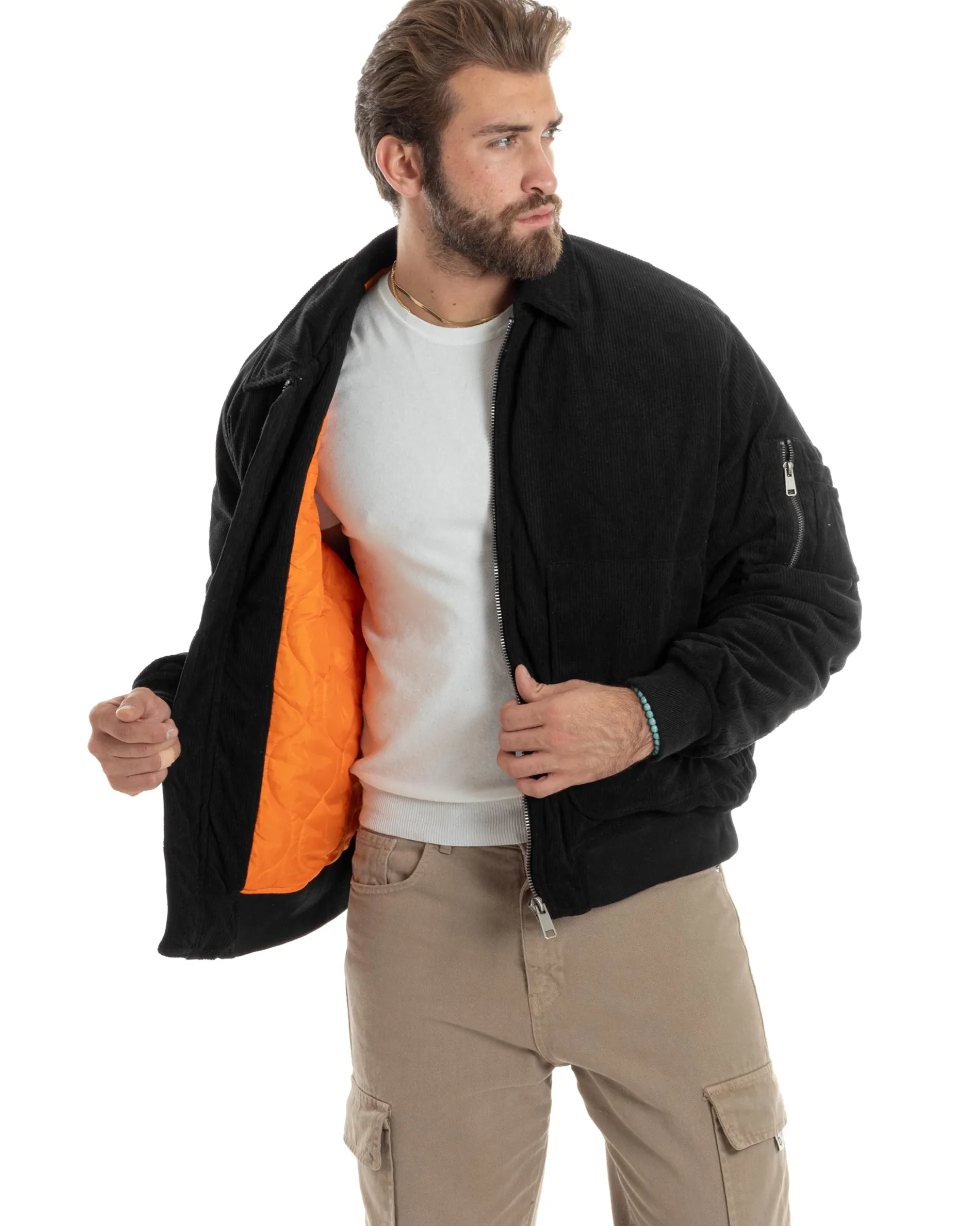 Giubbotto Uomo Velluto Rigato Giaccone Caldo Imbottito Bomber Con Collo Camicia E Tasconi Nero GIOSAL-G3254A