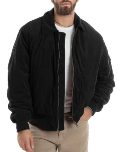 Giubbotto Uomo Velluto Rigato Giaccone Caldo Imbottito Bomber Con Collo Camicia E Tasconi Nero GIOSAL-G3254A