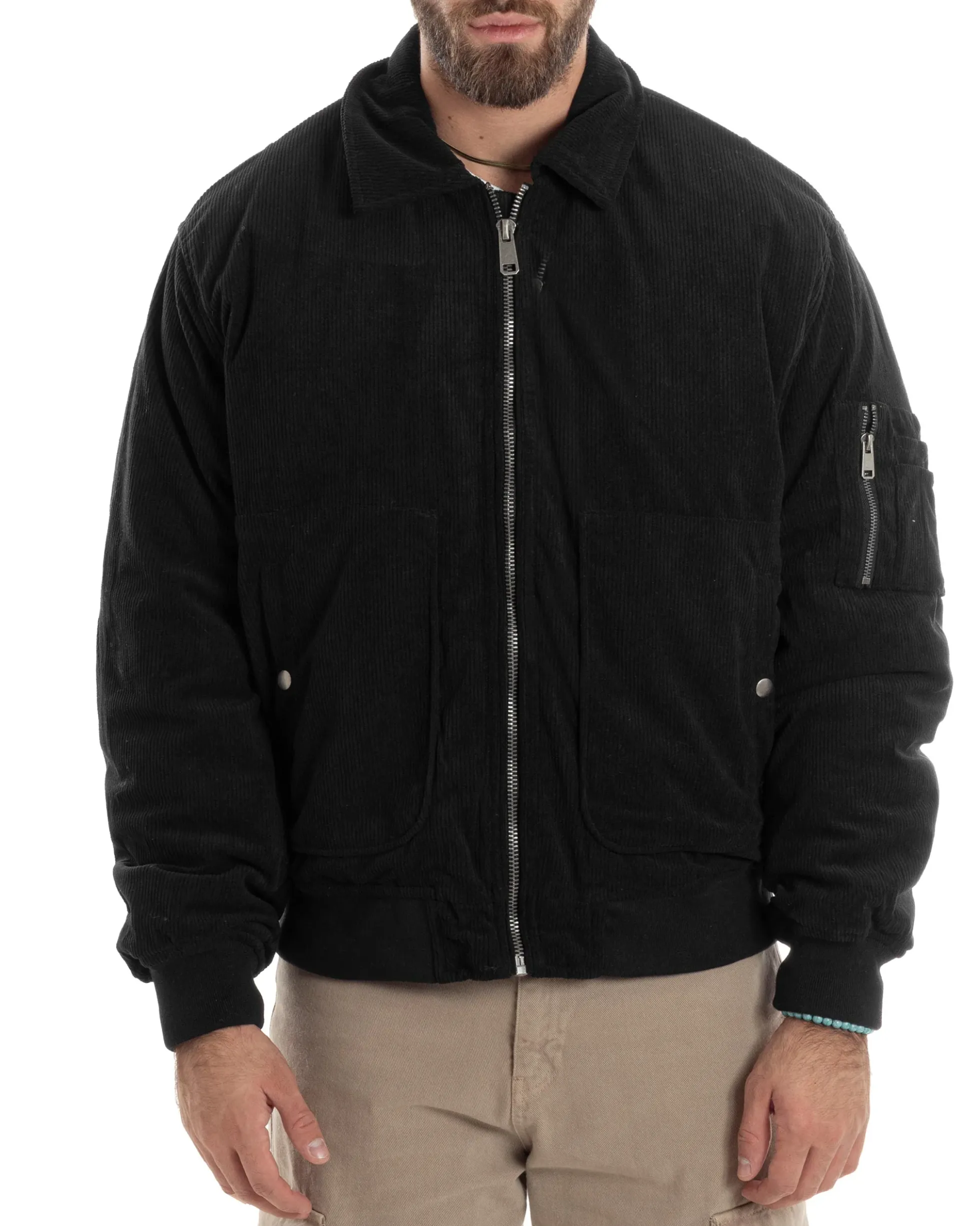 Giubbotto Uomo Velluto Rigato Giaccone Caldo Imbottito Bomber Con Collo Camicia E Tasconi Nero GIOSAL-G3254A