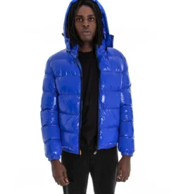 Giubbotto Uomo Vernice Lucido Bomber Con Cappuccio Puffer Piumino Trapuntato Tinta Unita Blu Royal GIOSAL-G2373A