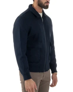 Giubbotto Uomo Zip Colletto Bomber Panno Blu G3381A