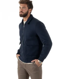 Giubbotto Uomo Zip Colletto Bomber Panno Blu G3381A