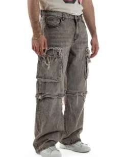 Jeans cargo uomo barrel fit stone-washed baggy tasconi zip nero sabbiato GIOSAL-JS1188A