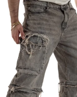 Jeans cargo uomo barrel fit stone-washed baggy tasconi zip nero sabbiato GIOSAL-JS1188A