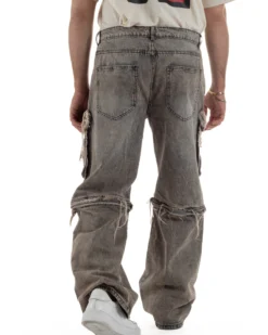 Jeans cargo uomo barrel fit stone-washed baggy tasconi zip nero sabbiato GIOSAL-JS1188A