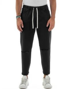 Jeans Jogger Cotone Loose Fit Basic Taglio Ginocchio Nero JS1129A