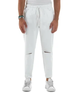 Jeans Jogger Cotone Loose Fit Basic Taglio Ginocchio Bianco JS1131A