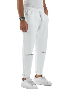 Jeans Jogger Cotone Loose Fit Basic Taglio Ginocchio Bianco JS1131A