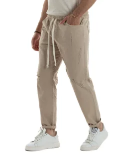 Jeans Jogger Cotone Loose Fit Rotture Beige JS1103A