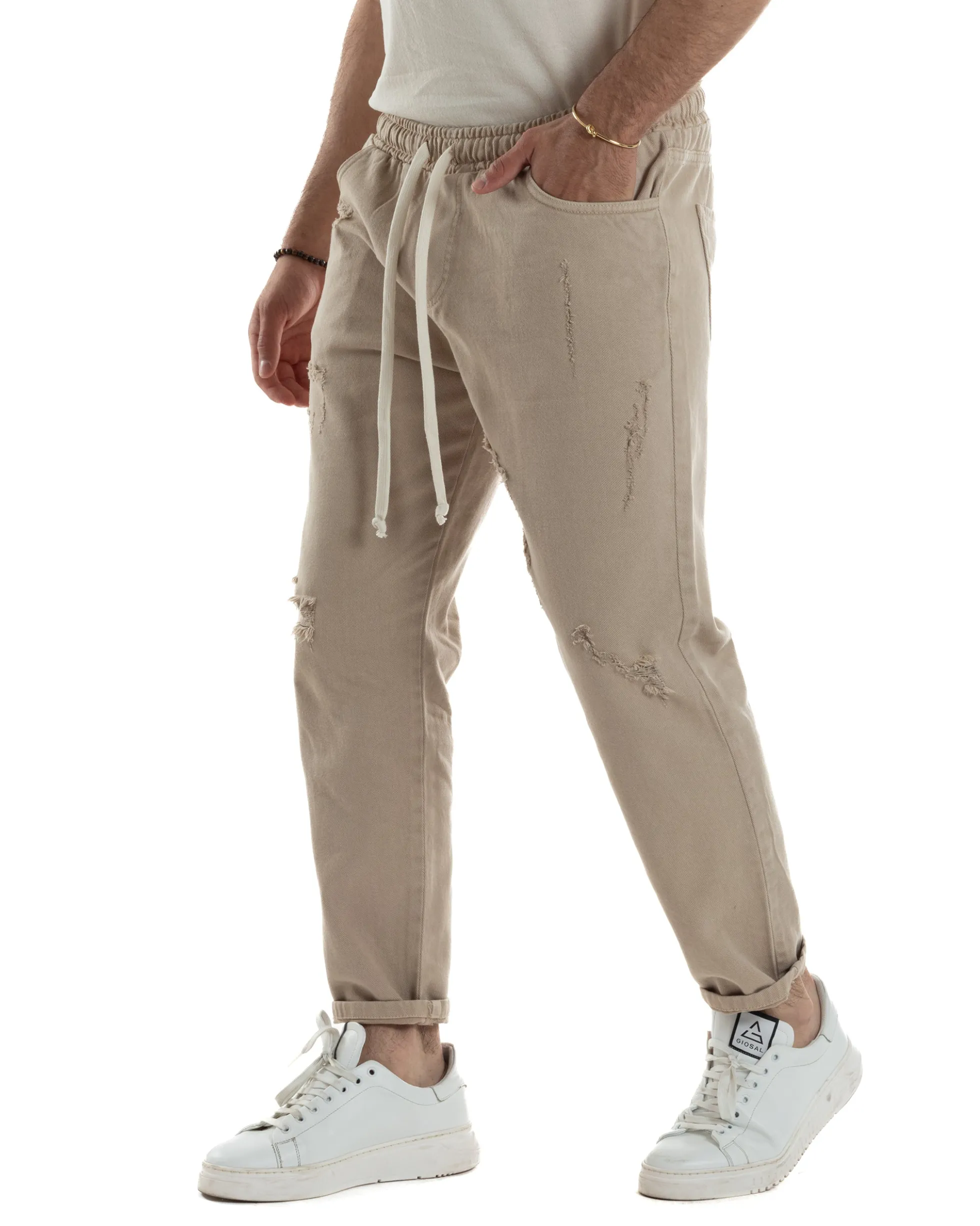 Jeans Jogger Cotone Loose Fit Rotture Beige JS1103A