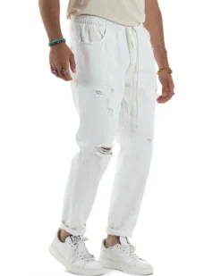 Jeans Jogger Cotone Loose Fit Rotture Bianco JS1106A