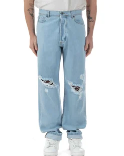 Jeans Uomo Baggy Pantaloni Con Rotture Abrasioni Fondo Largo Taglio Al Ginocchio Denim Chiaro GIOSAL-JS1093A