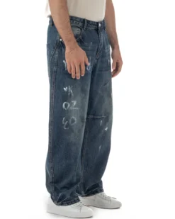 Jeans uomo baggy street scritte vernice denim sabbiato GIOSAL-JS1180A