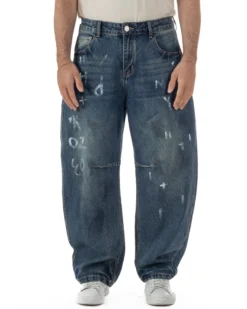 Jeans uomo baggy street scritte vernice denim sabbiato GIOSAL-JS1180A