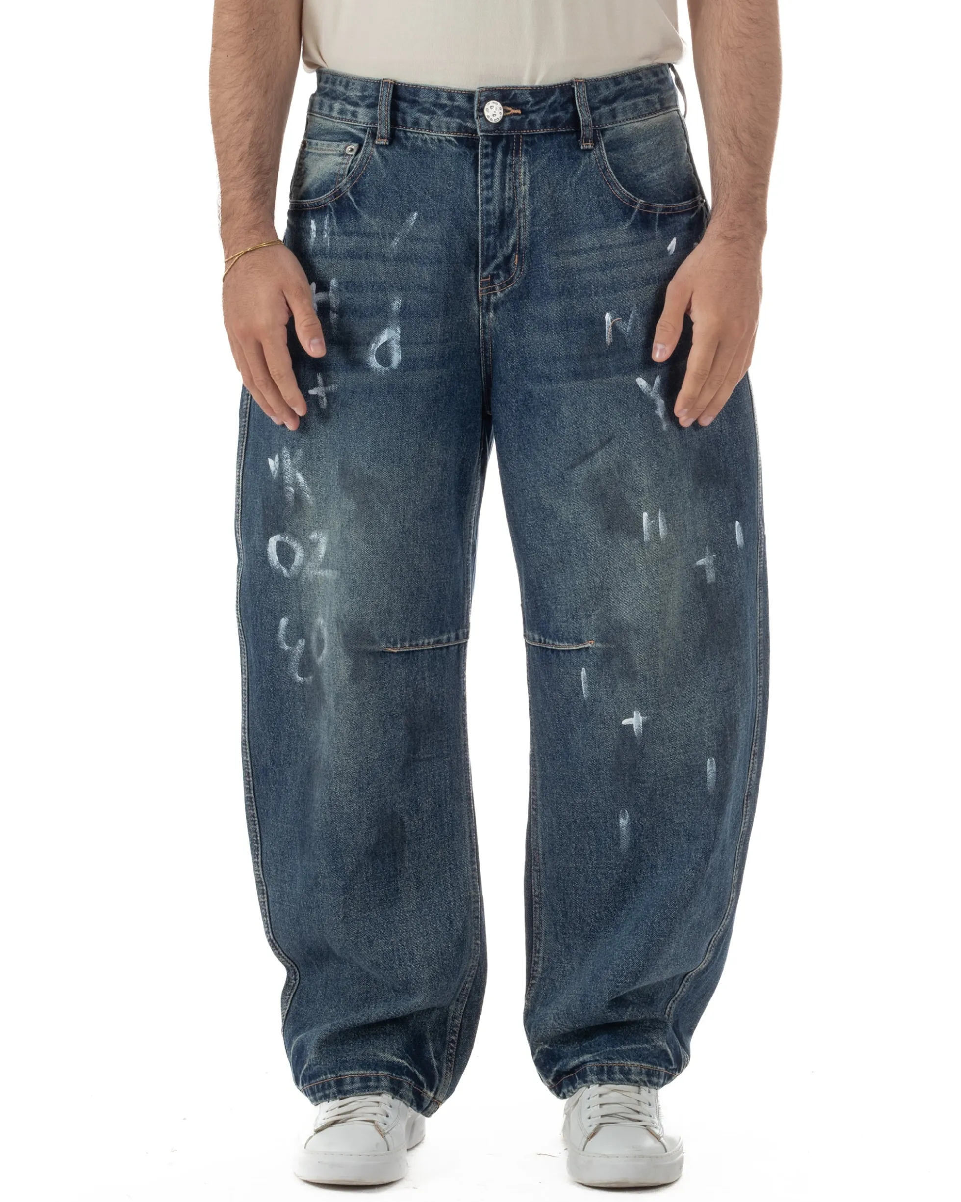 Jeans uomo baggy street scritte vernice denim sabbiato GIOSAL-JS1180A