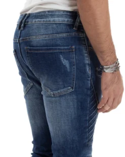 Jeans Uomo Biker Pantaloni Con Zip Stone Washed Classico Cinque Tasche Casual Blue Denim GIOSAL-JS1056A