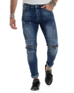 Jeans Uomo Biker Pantaloni Con Zip Stone Washed Classico Cinque Tasche Casual Blue Denim GIOSAL-JS1056A