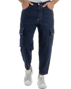Jeans uomo cargo loose fit pantaloni tasconi sfrangiato lavaggio zero denim scuro BlackSunday JS1192A
