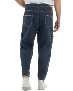 Jeans uomo cargo loose fit pantaloni tasconi rotture denim scuro sabbiato BlackSunday JS1191A